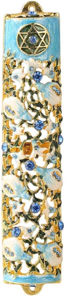 Matashi 6" Hand Painted Enamel Mezuzah Embellished with a Ivy and Flowers Design with Gold Accents Blue Crystals