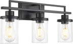 Emliviar 20.8 Inch Modern Bathroom Light Fixture in Black Finish, 3-Light Vanity Lighting Fixture with Clear Glass Shade, E26 Base, YCE238B-3W BK