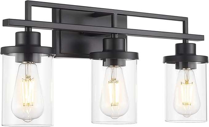 Emliviar 20.8 Inch Modern Bathroom Light Fixture in Black Finish, 3-Light Vanity Lighting Fixture with Clear Glass Shade, E26 Base, YCE238B-3W BK