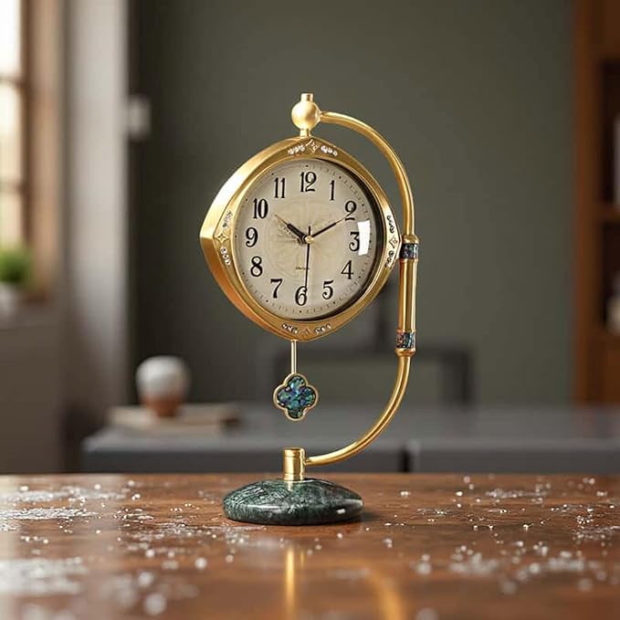 Quartz Movement Brass Mantel Clock with Long Power Reserve - Vintage Style Table Clock with Marble Base,Silent Home Decor for Living Room and Office