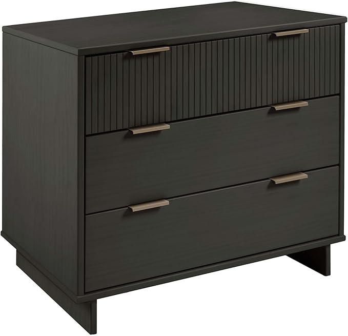 Manhattan Comfort Granville 2 Piece Modern Bedroom Dresser Set, Includes Standard Drawer Storage and Nightstand with Solid Wood Vertical Ribbed Design and Gold Accents, Dark Grey