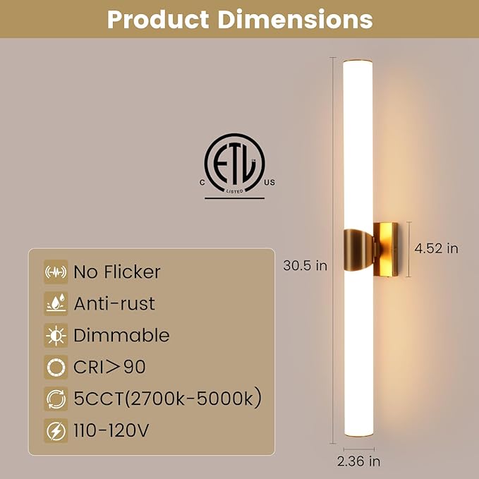Modern Wall Sconce 30.4 Inch Gold Bathroom Sconces Led Wall Lights with Acrylic Shade Hardwired Long Vanity Lighting Fixtures Over Mirror for Bedroom Living Room Hallway