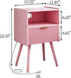 Nightstand with Oultlet,Modern Bedside Table with Storage Drawer and Open Wood Shelf, for Living Room, Bedroom and Small Spaces, Accent Night Stand with Solid Wood Legs, Easy Assembly,Pink