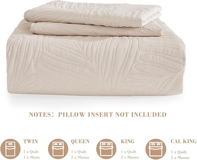 Exclusivo Mezcla King Size Quilt Bedding Set, Lightweight Brich Beige Quilts King Size for All Seasons, Soft Microfiber Bedspreads Coverlets Bed Cover with Leaf Pattern, 3 Piece