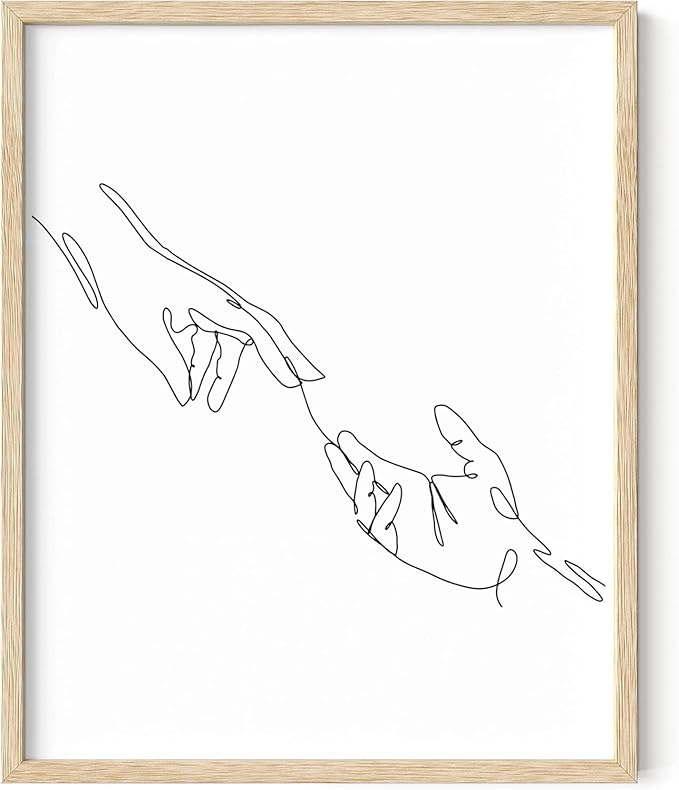Minimalist Reaching Hands Wall Art Continuous Line Drawing Connection Symbol 16x20 Inch Oak Wood Beige Framed Aesthetic Modern Decor Print for Bedroom Living Room