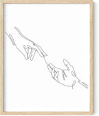 Minimalist Reaching Hands Wall Art Continuous Line Drawing Connection Symbol 16x20 Inch Oak Wood Beige Framed Aesthetic Modern Decor Print for Bedroom Living Room