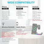 IHAO 3in1 Multifunctional Foldable Wireless Charging Station with LED Ambient Night Light Fast QC3.0 Charger for Phone, iWatch, Headphone Space-Saving Auto-Shutoff & Overcharge Protection-Black