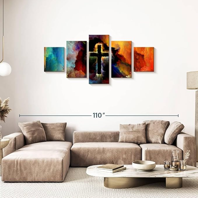 Elephant Stock Colorful Cross Wall Art Multi Piece Canvas - 5 Panel Christian Pictures Decor - Digital Design Canvas Print - Christian Wall Decor - 74" X 34"