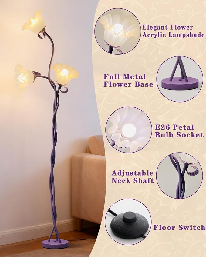 Flower Floor Lamp for Bedroom - 3 Color Temperatures Decorative Flower Tall Standing Lamp for Reading with Flexible Neck for Bedroom Living Room Office Corner (Purple)