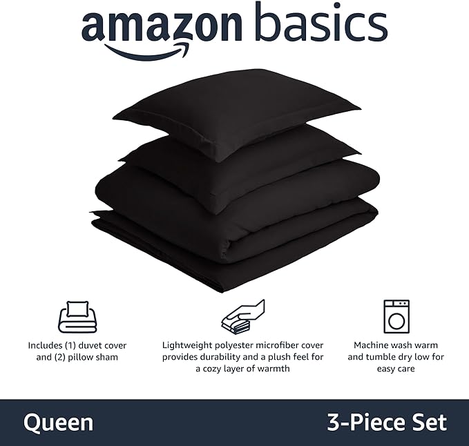 Amazon Basics Lightweight Microfiber 3-Piece Duvet Cover Set with Zipper Closure, Full/Queen, Black, Solid