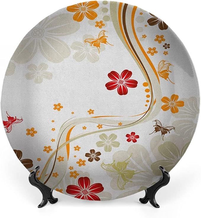 Ceramic Display Plate, Floral Ceramic Hanging Decorative Plate, Swirling Florets Fragrance Botanical Beauty with Wavy, 7 Inch, Household Custom Ceramic Plate, Multicolor