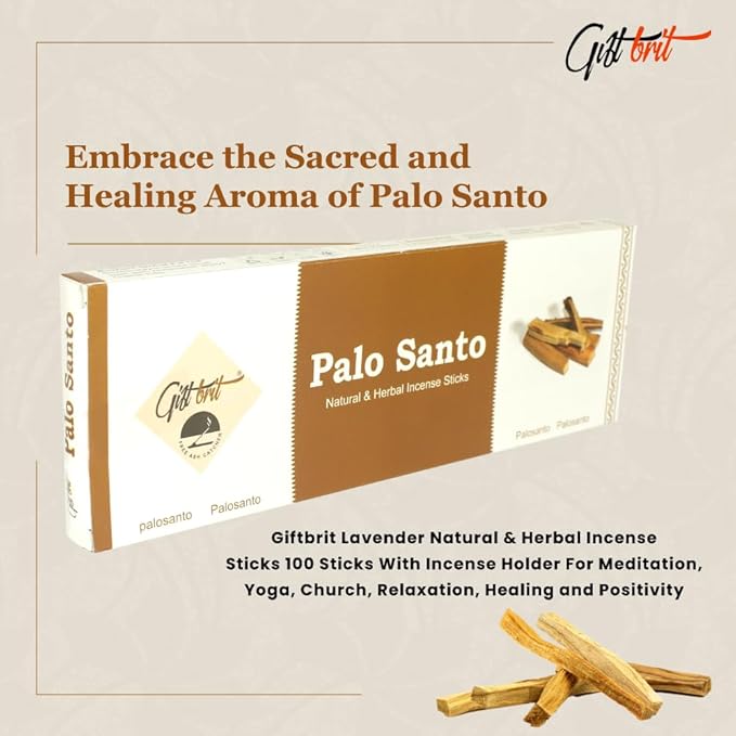 Giftbrit Palo Santo Natural & Herbal Incense Sticks 100 Sticks with Incense Holder for Meditation, Yoga, Church, Relaxation, Healing and Positivity