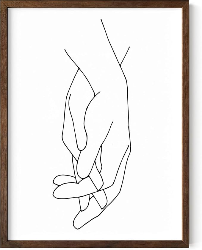 Holding Hands Wall Art Interlocking Fingers Connection Continuous Line Drawing 12x16 Inch Oak Wood Walnut Framed Modern Minimalist Unity Print for Bedroom