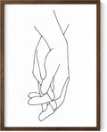 Holding Hands Wall Art Interlocking Fingers Connection Continuous Line Drawing 12x16 Inch Oak Wood Walnut Framed Modern Minimalist Unity Print for Bedroom