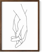 Holding Hands Wall Art Interlocking Fingers Connection Continuous Line Drawing 12x16 Inch Oak Wood Walnut Framed Modern Minimalist Unity Print for Bedroom