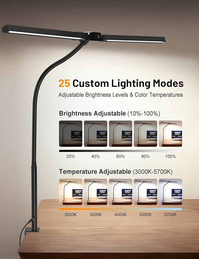 32.8'' Wide Desk Lamp with Clamp for Home Office, Eye-Caring LED Desk Lamp, Dimmable Table Clip Lamp for Dual Screen Computer Monitor, Adjustable Color Lighting Mode Computer Monitor Light