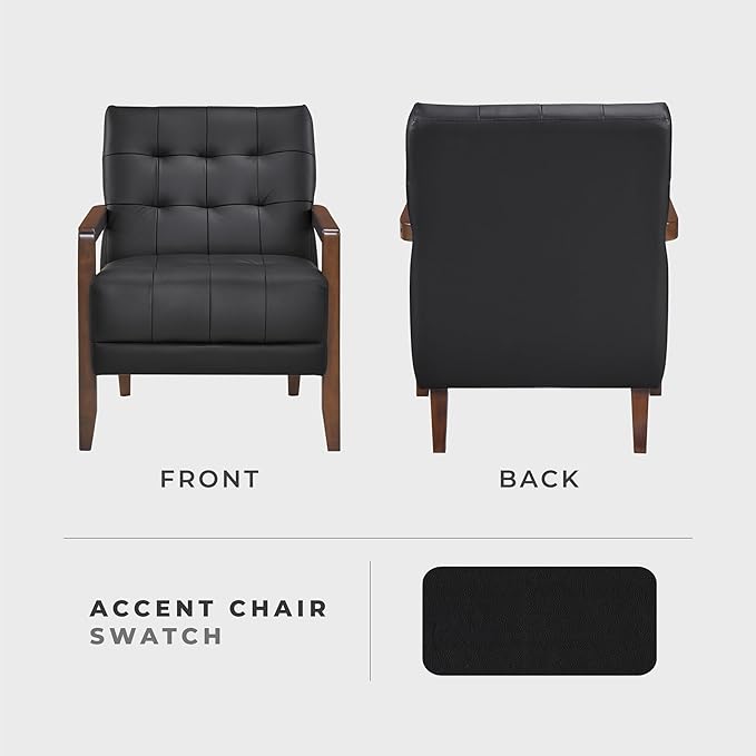 Lexicon Modern Accent Chair, Luxury Genuine Leather Match Living Room Chair with Tufted Cushions, Solid Wood Frame and Arm Rest, Comfy Upholstered Single Seat for Bedroom/Reading/Office, Black