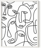 Abstract Face Pattern Wall Art Collage of Modern Faces Continuous Line Drawing 8x10 Inch Oak Wood White Framed Artistic Aesthetic Print for Living Room