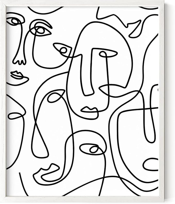 Abstract Face Pattern Wall Art Collage of Modern Faces Continuous Line Drawing 8x10 Inch Oak Wood White Framed Artistic Aesthetic Print for Living Room
