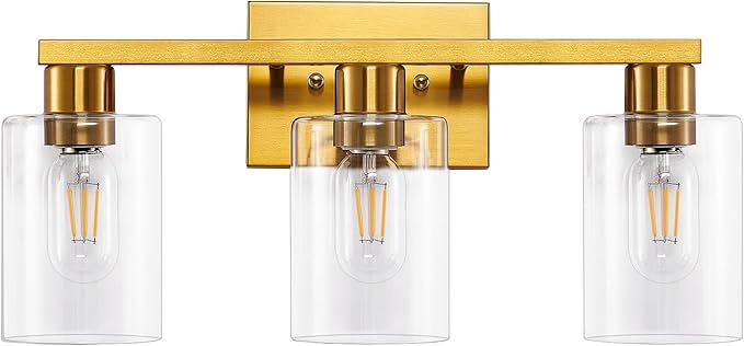 Gold 3-Light Bathroom Vanity Light, Modern Brushed Gold Vanity Lights with Clear Glass Shades, Bathroom Wall Sconce Lamp for Mirror Living Room Bedroom Hallway