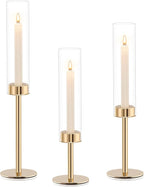 Gold Hurricane Candle Holders Set of 3, Tall Metal & Windproof Glass Taper Candle Holders, Brass Candlesticks Holder Decorations, Table Centerpieces for Weddings, Christmas, Parties, Fireplace Decor