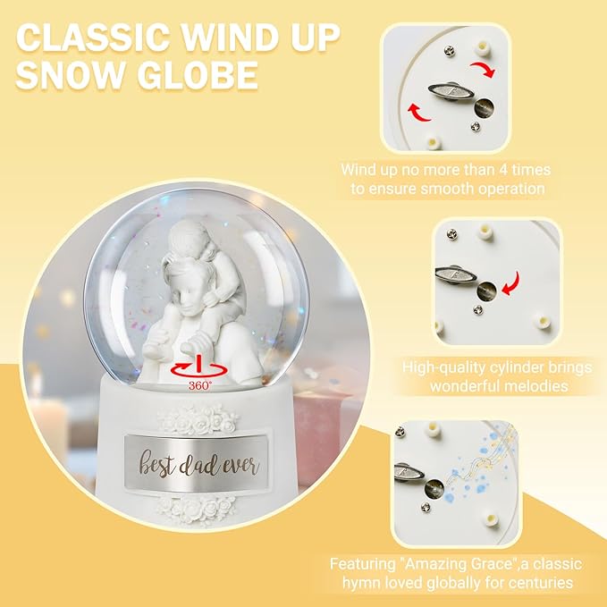 Fathers Day Snow Globe, 5.9" Wind Up Music Box，Christmas Snow Globe for Father's Day Decorations Christmas Decorations Gifts for Dad Father Men Adults Kids