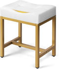 Saddle Seat Vanity Stool, Makeup Stool Chair with Metal Leg, U-Shaped Ottoman Foot Rest Stool, Small Square Chairs Under Desk for Vanity, Living Room, Bedroom, Modern Makeup Bench Linen White&Gold