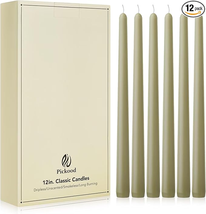 New Burning Formula Unscented Dripless 12-Inch Taper Candles Set of 12 - Sage Green, for Wedding, Dinner - Smokeless, Long Burning - Hand Poured, Colored Tall Candlesticks - Verde Salvia