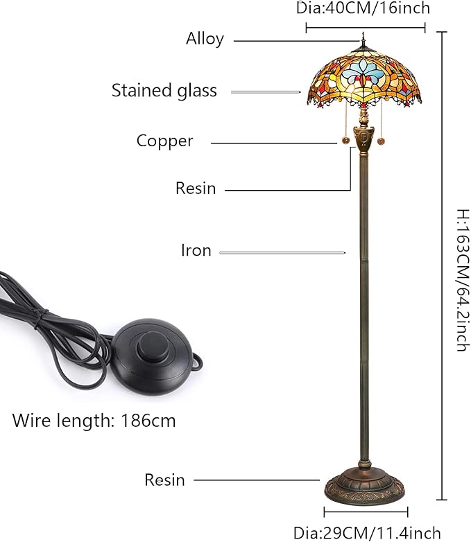 Tiffany Floor Lamp Stained Glass Floor Light Bright Lighting Rustic Standing Lamp Vintage Unique Bronze Reading Corner Lamp for Home Decor Living Room Bedroom 16X16X64 Inches