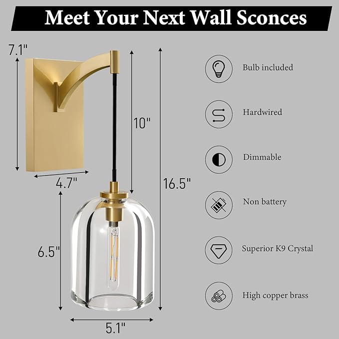 Crystal Brass Hemisphere Wall Sconce - Gold Brushed Dimmable Sconces with Bulbs - Modern Hanging Light Decor - Luxury Indoor Lighting Fixture for Bedroom Living Room Bathroom Vanity Hallway