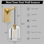 Crystal Brass Hemisphere Wall Sconce - Gold Brushed Dimmable Sconces with Bulbs - Modern Hanging Light Decor - Luxury Indoor Lighting Fixture for Bedroom Living Room Bathroom Vanity Hallway