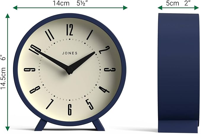 JONES CLOCKS® Venus Desk Clock | Modern Round Design | Blue | Stylish Retro Look for Shelf, Table, Mantel or Bedside