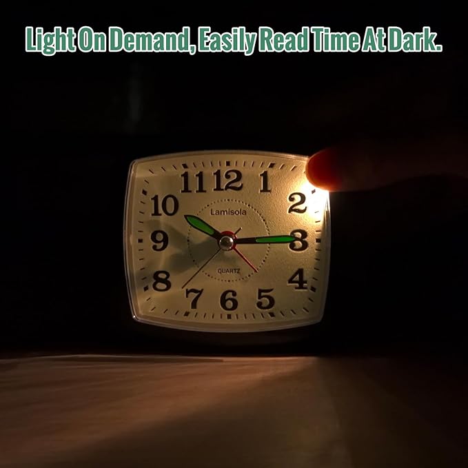 Small Battery Alarm Clock for Bedrooms, Analog Travel Clocks, Bedside Desk Table Clock for Room Decor, Slient, Big Numbers for Seniors, Gently Ascending Alarm for Heavy Sleepers, Black
