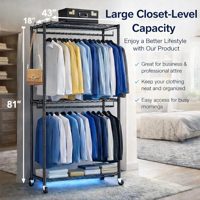 Heavy Duty Clothes Rack with Wheels, 43"W x 18"D x 81"H Rolling Garment Rack, 800 lb Capacity, 3-Tier Adjustable Shelves, Double Hanging Rods, 6 Hooks, Portable Closet Organizer, Tool-Free Assembly