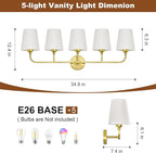 Kvhilw Bathroom Vanity Light, Brushed Gold Bathroom Light Fixtures, 5-Light Lighting Fixtures Over Miror, Modern Wall Sconce with Flared White Fabric Shade, E26 Socket(ETL Listed)