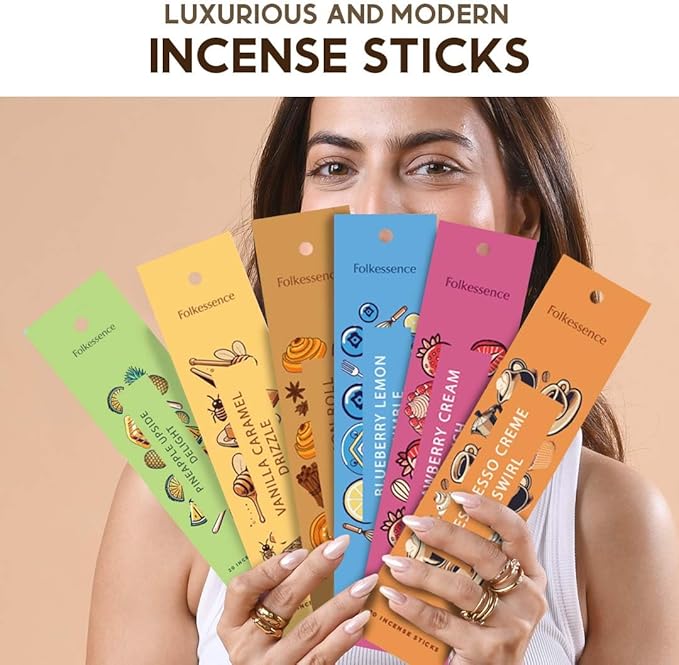 Folkulture Incense Sticks with Holder (120 Sticks) | Set of 6 Incense Sticks For Aromatherapy,Gifts | No Charcoal, Organic, Non Toxic, 45 Mins, Long Burning Vanilla, Caramel, Strawberry Insence-Sticks