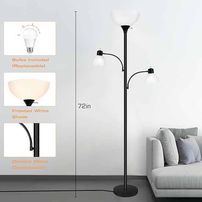 Luvkczc Floor Lamps for Living Room, 72" Tall Torchiere Floor Lamp with 8W Adjustable Reading Lights, Industrial Lamps for Living Room, Bedroom, Office, Black Tree Floor Lamp【3 Bulbs Included】