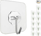 12 Pack Heavy Duty Self Adhesive Hooks - 33lb Max, Transparent, Waterproof, Sticky Wall Hooks for Keys, Bathroom, Shower, Outdoor, Kitchen, Door, Home Improvement, Utility | Heavy Duty, 33lb Max, Waterproof, for Keys, Bathroom, Shower