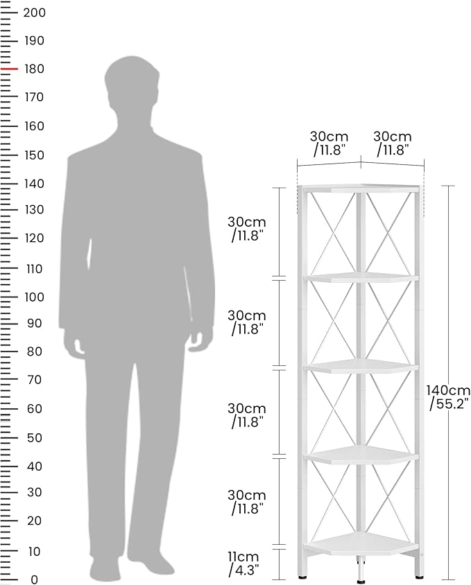 5-Tier Corner Shelf, Corner Bookcase, 55.2" Tall Vertical Display Rack, Plant Stand, Open Storage Shelf, for Living Room, Bedroom, Study, Kitchen, White TCJ12WB
