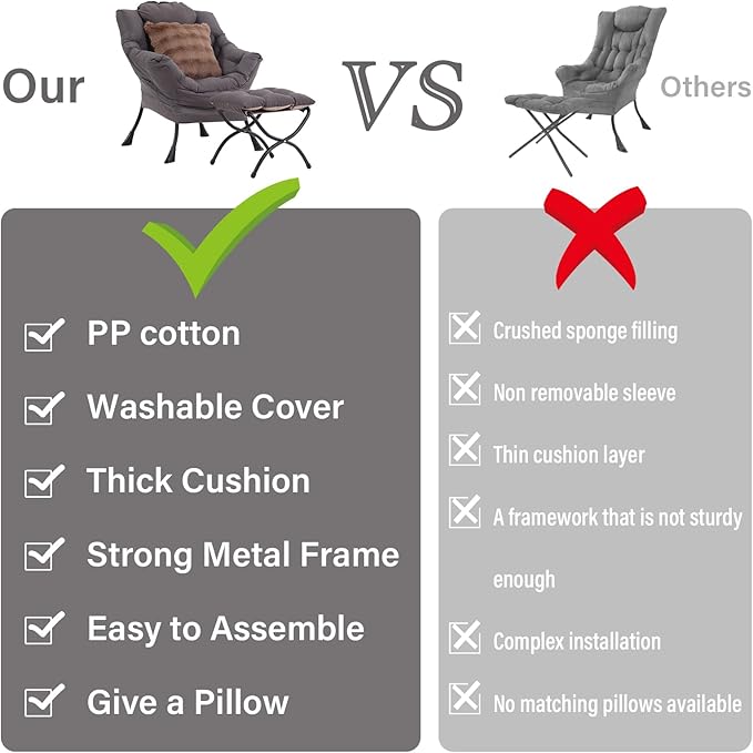 Lazy Chair with Ottoman, Large Lounge Accent Chair with Ottoman and a Throw Pillow, Shadow Grey Reading Chair for Living Room Bedroom Dorm Room Office Apartment Relaxing Use