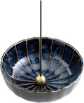Asayu Japan Lotus Incense Holder for Sticks 4.1 inch (105 mm), Traditional Made in Japan Ceramic Ash Catcher and Brass Incense Burner Set - Navy Dark Blue Lotus
