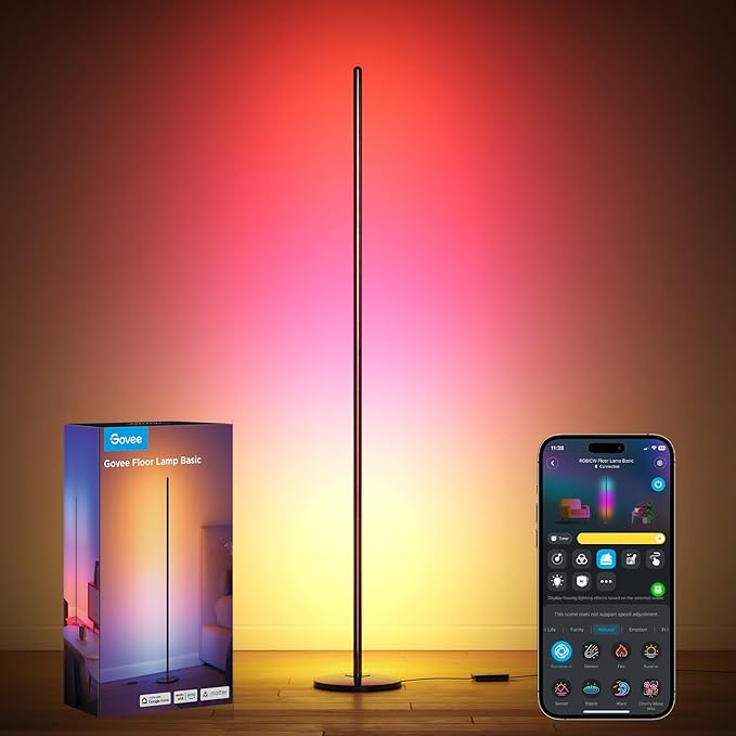 Govee RGBIC Floor Lamp Basic, LED Corner Lamp Works with Alexa, 1000 Lumen Smart Modern Floor Lamp with Music Sync and 16 Million DIY Colors, Color Changing Standing Lamp for Bedroom Living Room Black