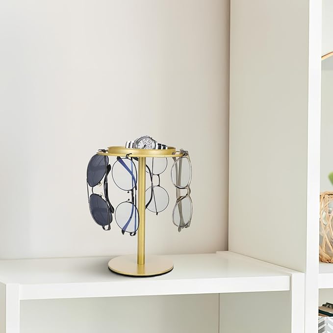 Sunglass Organizer Stand with Storage Tray, Gold Eyeglass Holder Rack for Desk, Home and Office Display, Metal Sunglass Rack Holder for Desktop Eyewear Storage
