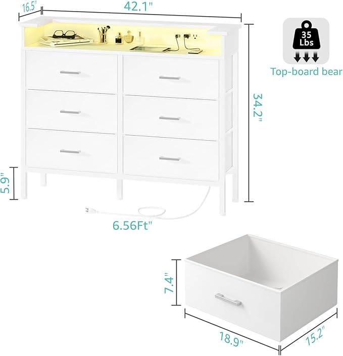 BOLUO White Dresser with LED Light and Charging Station for Bedroom 6 Drawer Dresser with USB Outlet, Fabric Dressers & Chests of Drawers Modern