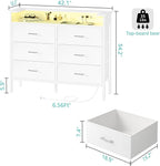 BOLUO White Dresser with LED Light and Charging Station for Bedroom 6 Drawer Dresser with USB Outlet, Fabric Dressers & Chests of Drawers Modern