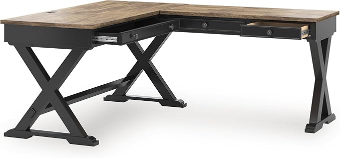 Signature Design by Ashley Wildenauer Casual 3-Drawer Home Office Desk and Return with Drop-Down Keyboard Tray and Cord Management, L-Shaped Desk, Wood, Mango Wood Veneer, Light Brown & Black