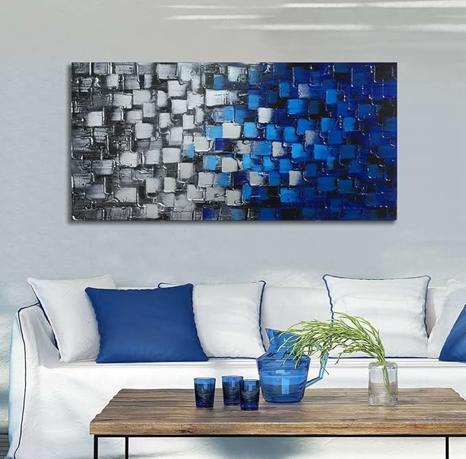 Textured Abstract Squares Canvas Wall Art Modern Dark Blue and Silver Oil Painting 100% Hand Painted 3D Effect Artwork Frame Ready to Hang Decor for Home and Office 40x20inch