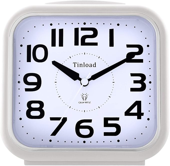 5.5" Large Analog Alarm Clock Silent Non Ticking, Gentle Wake, Beep Sounds, Increasing Volume, Battery Operated Snooze and Manual Light, Easy Set,White (Best for Elder)