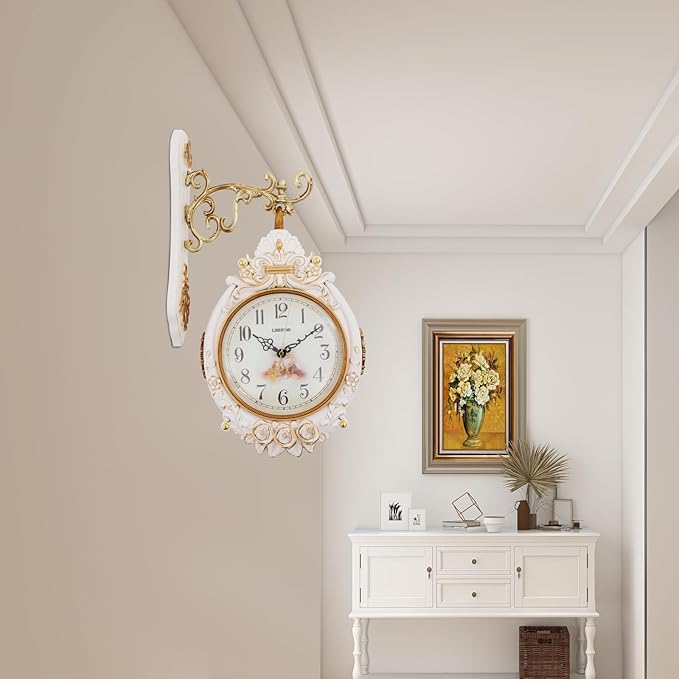 Cream Double Sided Large Wall Clock, Elegant, Traditional, Vintage Style 360° Rotating Metal Wall Clock, Indoor Outdoor Office Living Room Porch Clock Wall Decor (Cream Double Sided Clock)