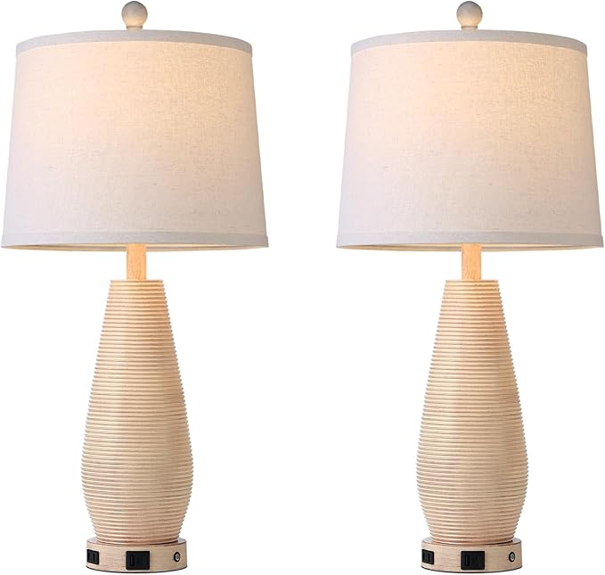 Farmhouse Table Lamps Set of 2 with USB C+A Ports and AC Outlet, 26.5" Cream Vintage Lamps for Bedroom Nightstand